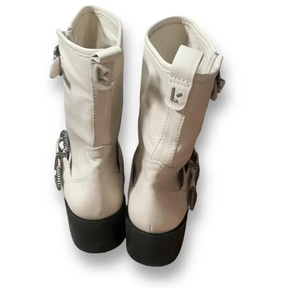 Larroude Hardy Moto Boot Cream Leather Western Buckle Ankle Boots 8.5 Boho